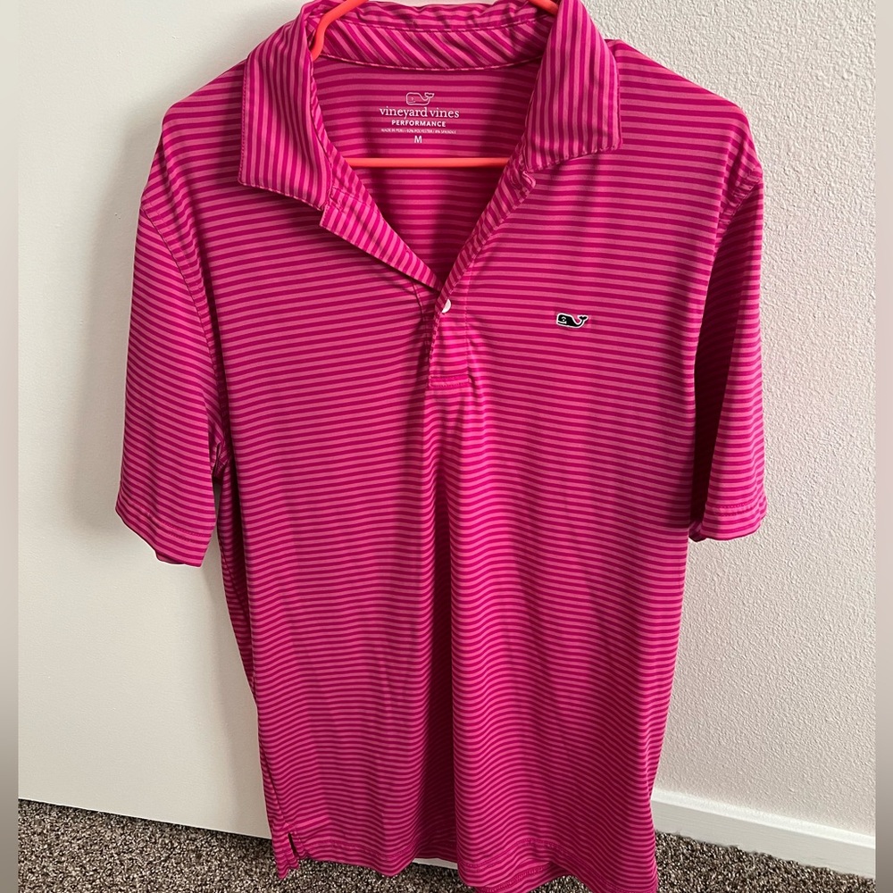 Vineyard Vines pink striped performance polo golf shirt